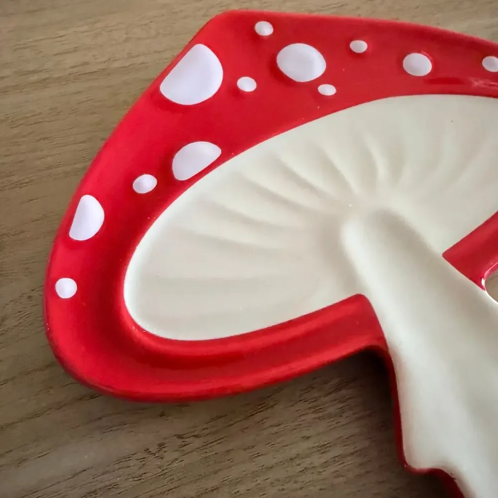Mushroom Spoon Rest Kitchen Dish Ceramic Red White